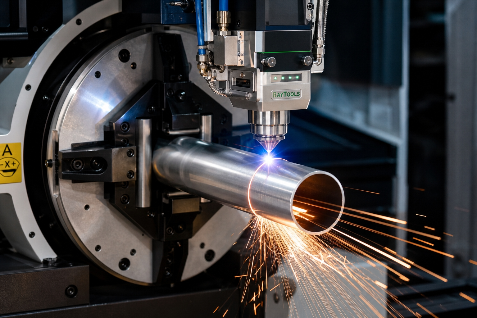 A detailed view of a fiber tube laser cutter in operation, focusing on the laser head and the tube material as it's being cut.