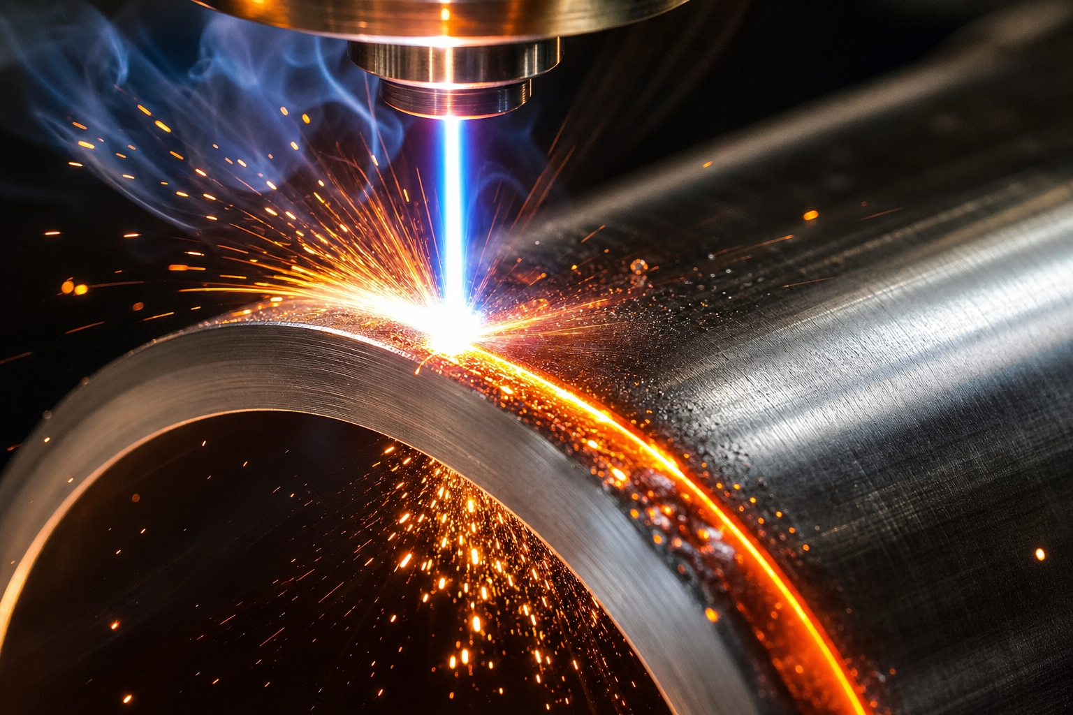 Close-up of a laser beam interacting with a metal tube, showing the intense heat and molten material during fiber tube laser cutting.