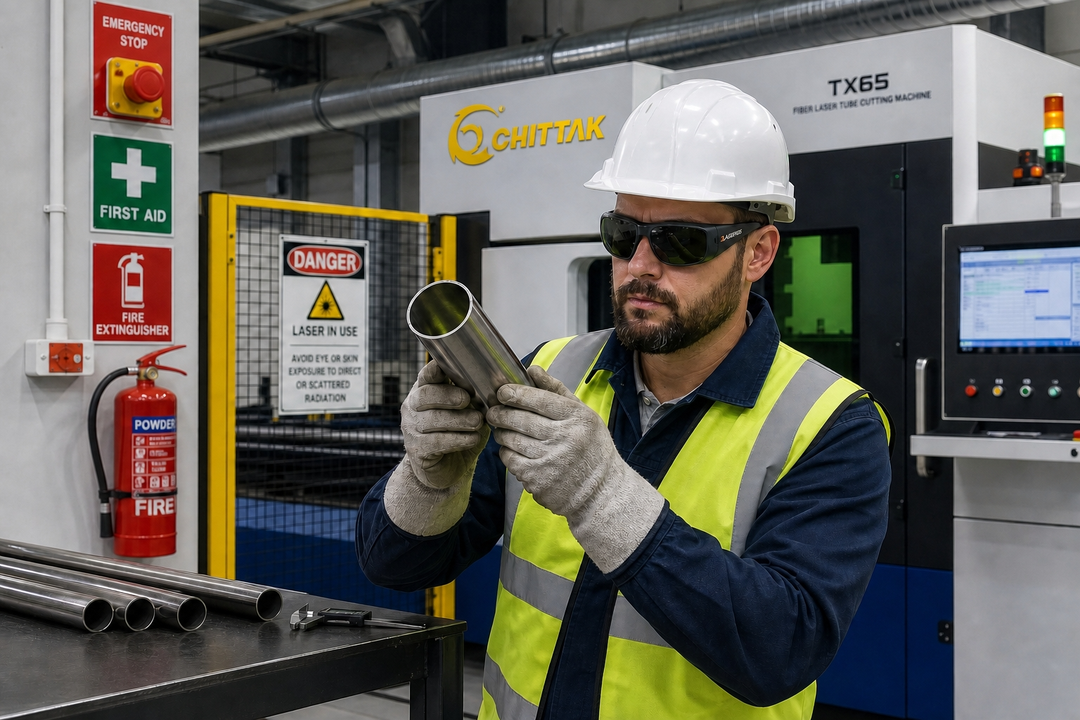 An operator wearing protective gear inspects a metal tube after fiber tube laser cutting, ensuring laser cutter safety.