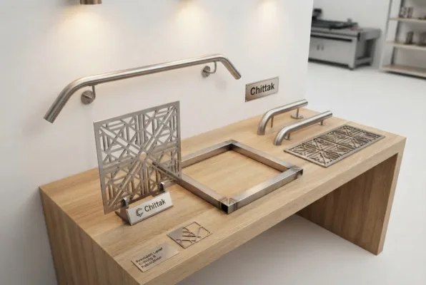 Display showcase of custom metal furniture components manufactured by Chittak laser cutting machine, including curved tube handrails, hollow-cut decorative panels, and welded square-tube frames.