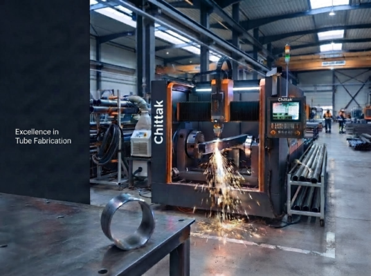 Industrial workshop scene showing a Chittak tube-plate integrated laser cutting machine cutting metal tubing, with sparks flying and clean precision cuts.