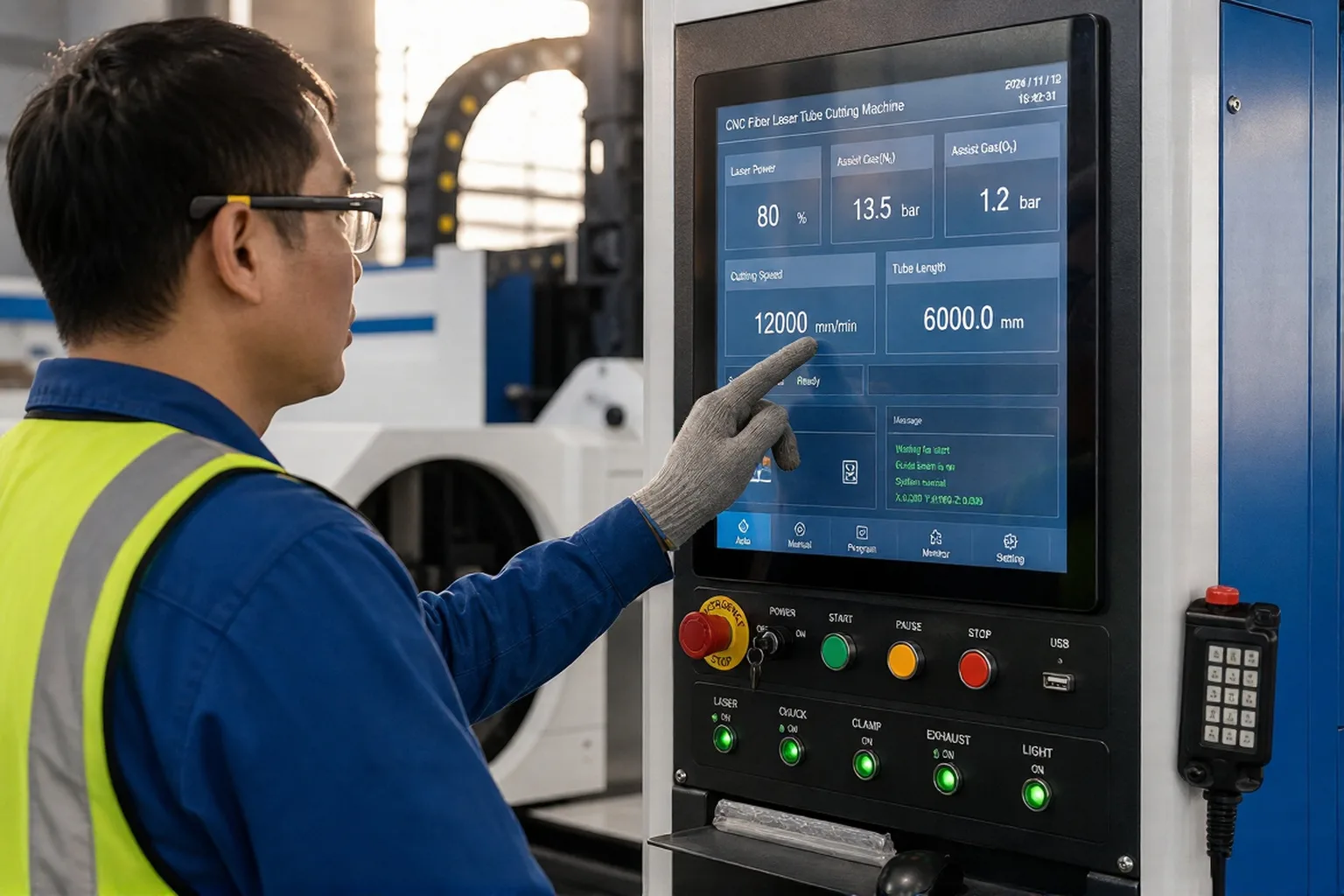 An operator adjusting power and air pressure on a CNC touchscreen.
