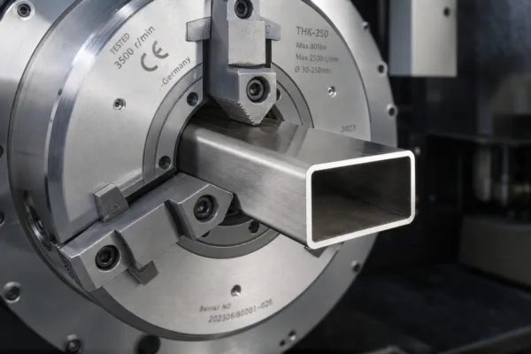 Close-up of a pneumatic three-jaw chuck clamping a stainless steel square tube.