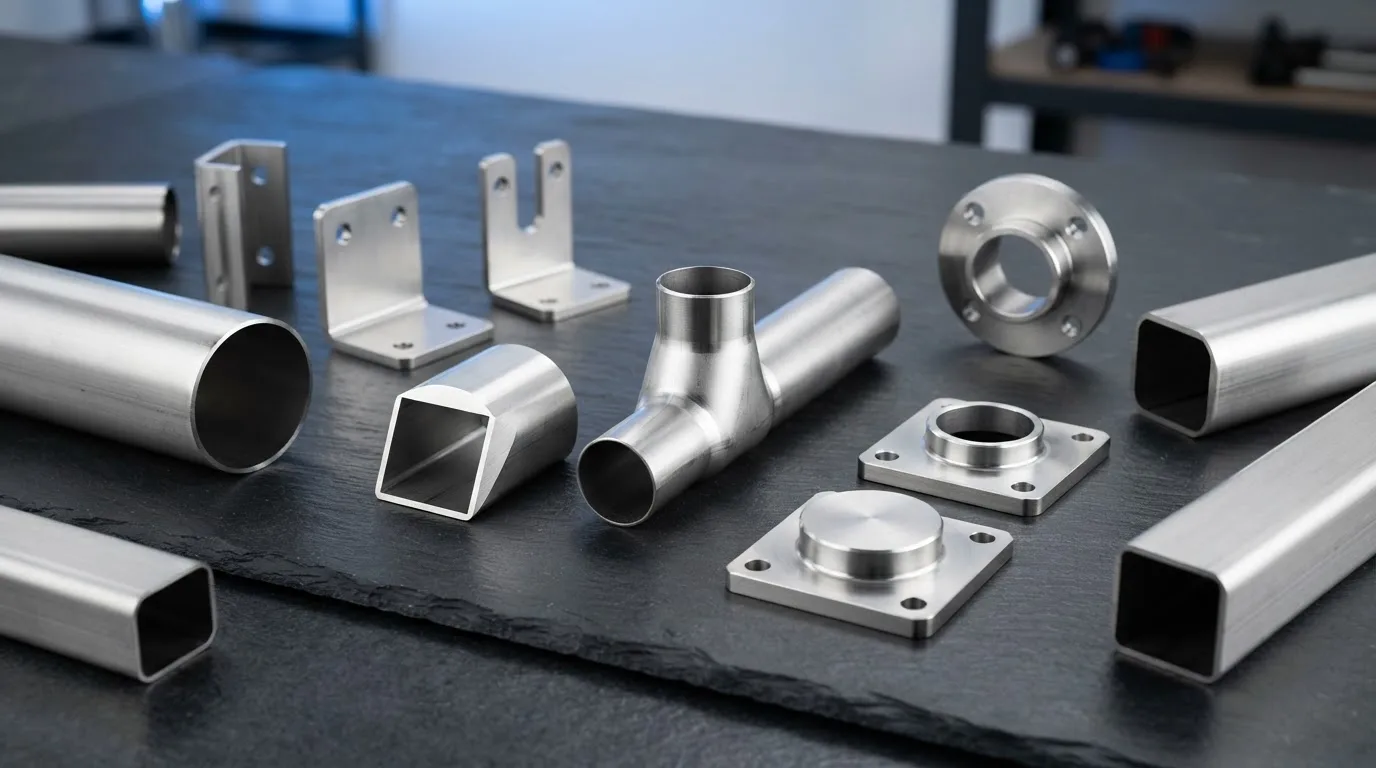 Display of laser-cut stainless steel tube parts (brackets, mitered ends).