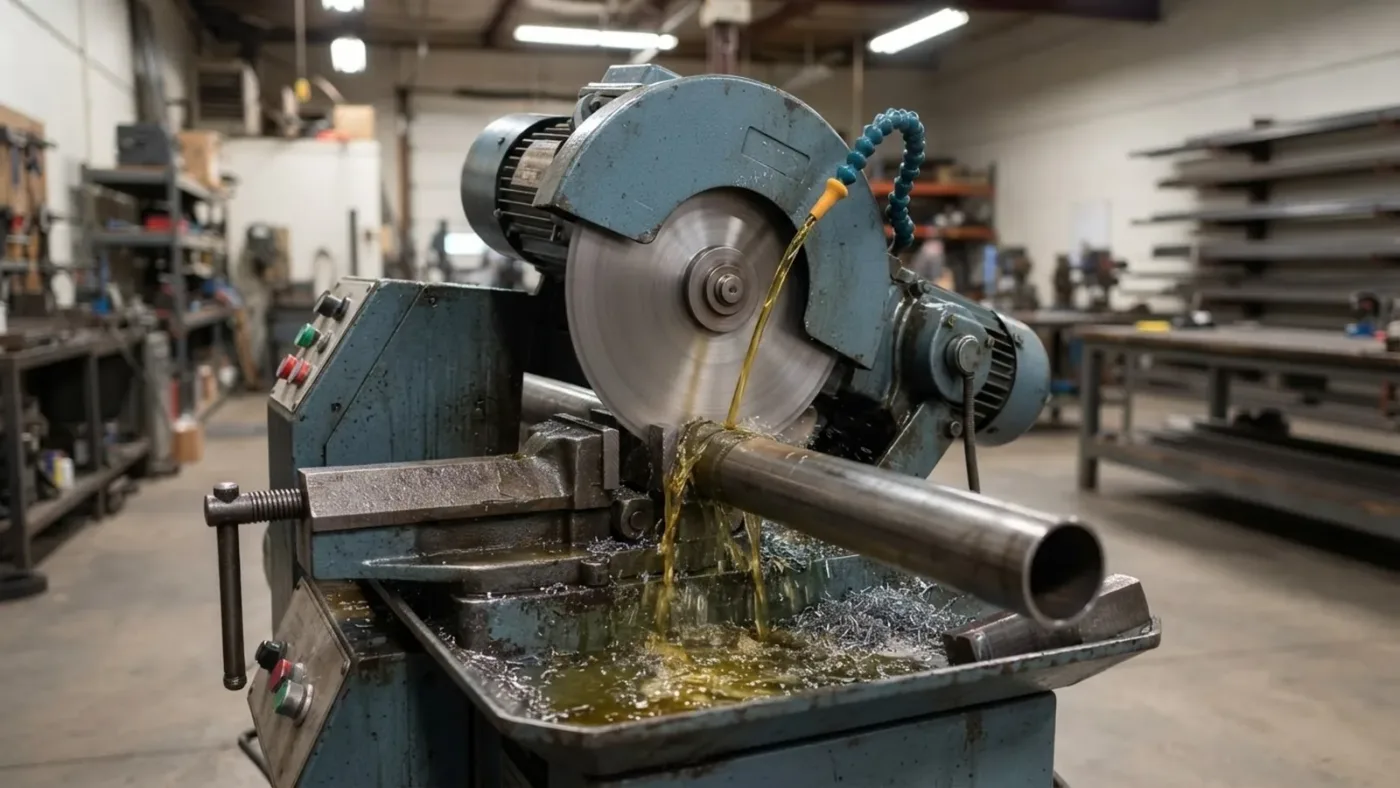Cold saw cutting a steel tube under flood coolant with a clean circular blade