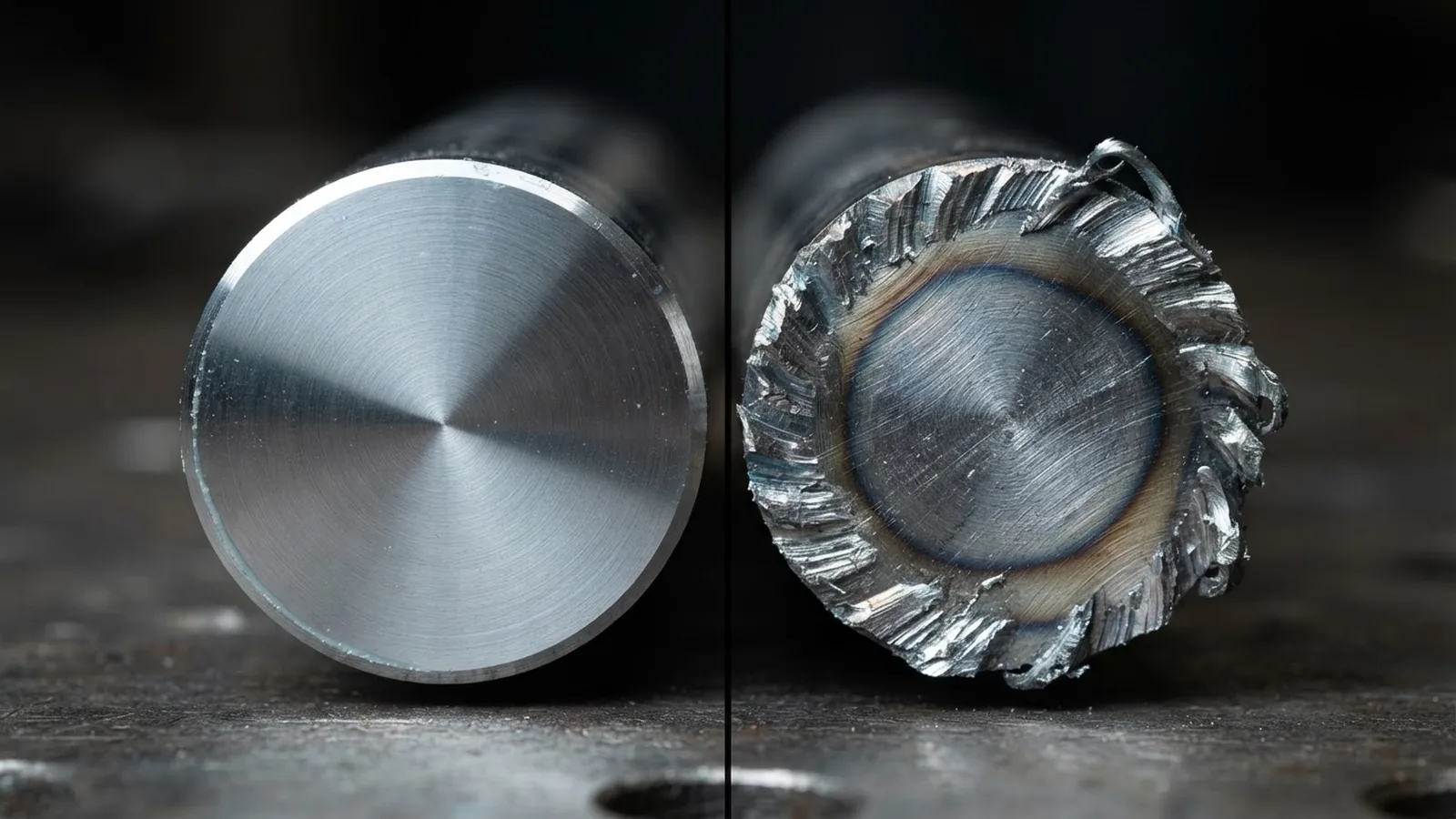 Cold saw vs band saw cut finish: smooth cool cut face beside a rough heat-tinted band saw cut