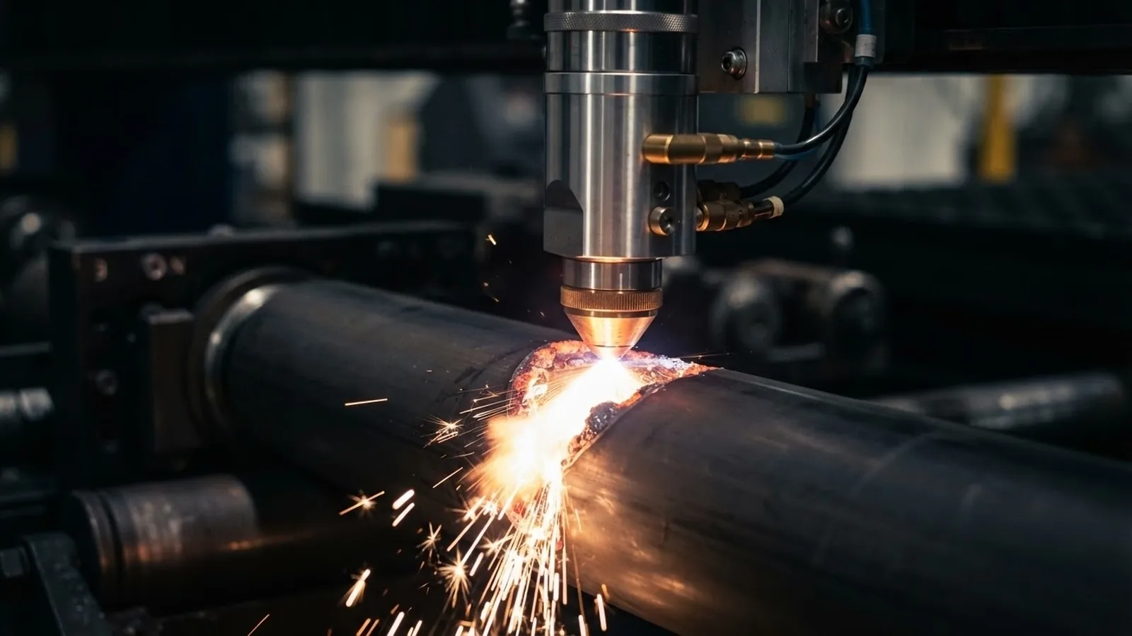 Cutting head of a tube laser cutting machine piercing round steel tube with bright sparks