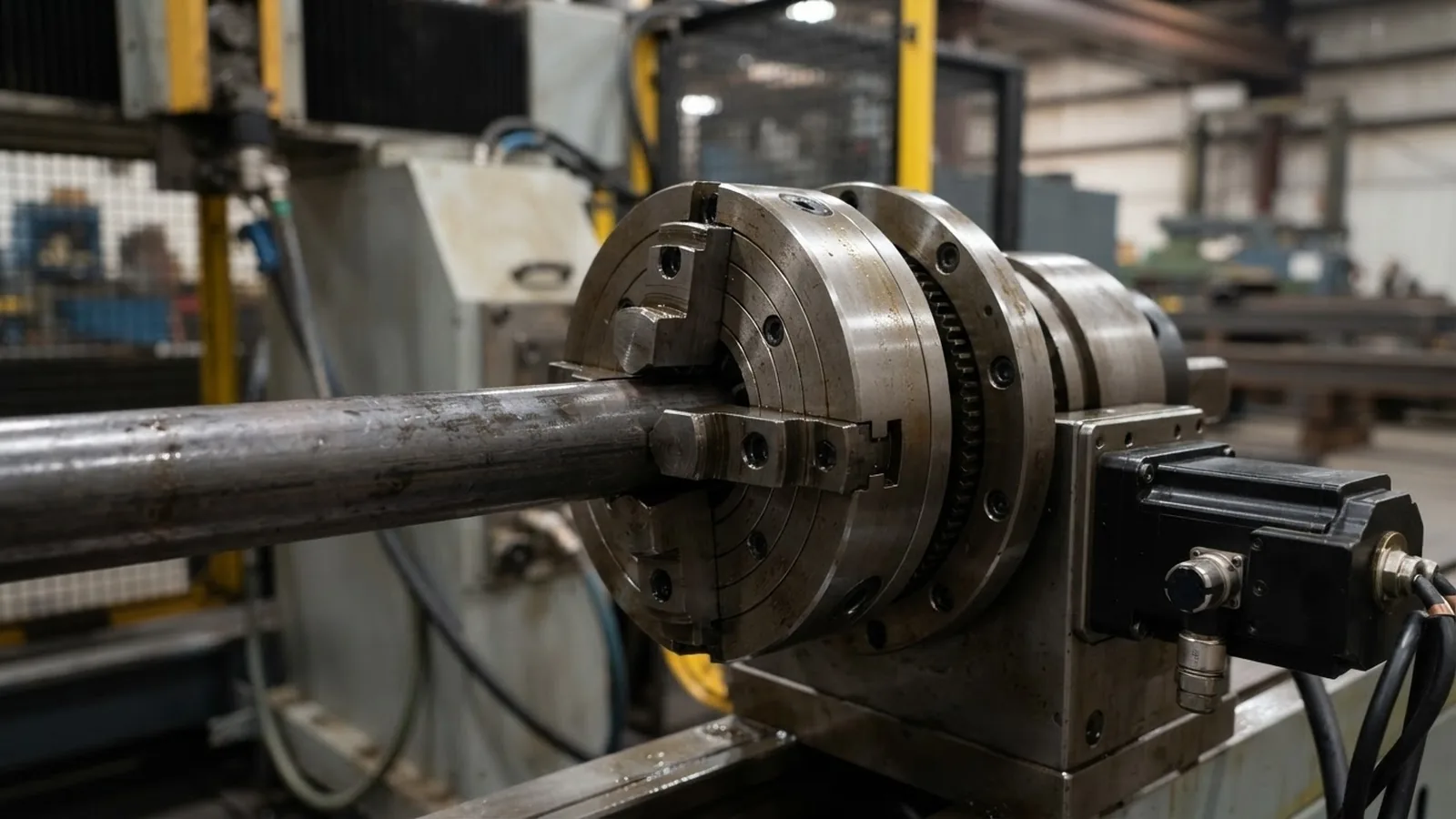 Self-centering chuck of a tube laser cutting machine gripping round steel tube in the factory