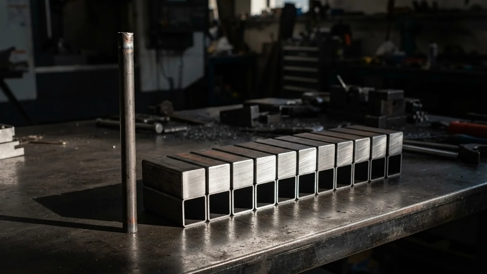 A small tube remnant standing beside a row of identical laser-cut square tube parts showing zero-tail savings